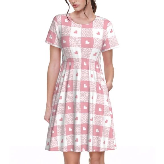 Rateoe Plaid Heart Pattern Women’s Short Sleeve Dress – Casual Elegant Summer A-Line Dress for Everyday Wear