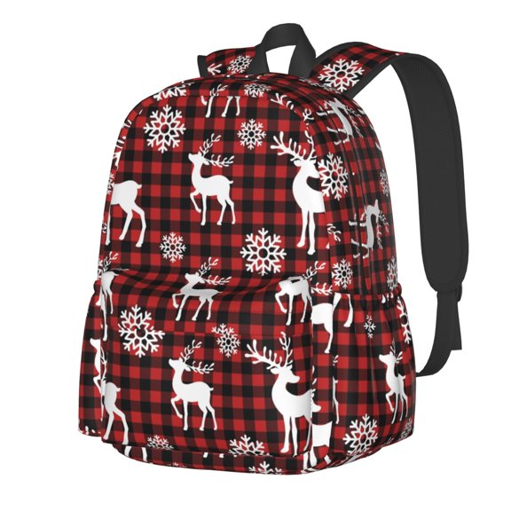 Rateoe Plaid Reindeer Snowflakes Pattern Student Backpack,Backpack for School,Lightweight Bag,Travel Backpack,Outdoor Backpack,Large Capacity Backpack