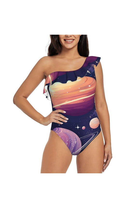Planet Pastel Galaxy Pattern Women One Piece Swimsuits Tummy Control One Shoulder Bathing Suits Ruffle Swimwear-