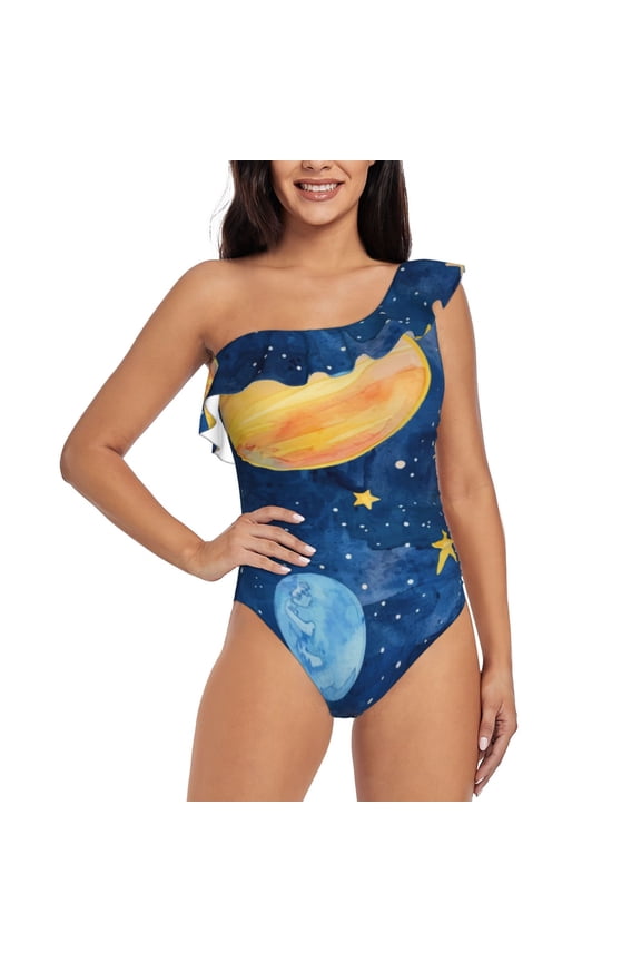 Planets And Stars1 Pattern Women One Piece Swimsuits Tummy Control One Shoulder Bathing Suits Ruffle Swimwear-