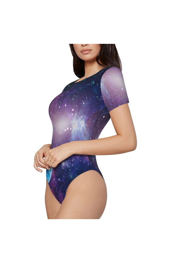 Planets Stars And Galaxies1 Printed Women Rash Guard Short Sleeve,Tummy control Swimsuit Surfing Swimsuit Bathing Suit Short-sleeved Onesie UPF 50+