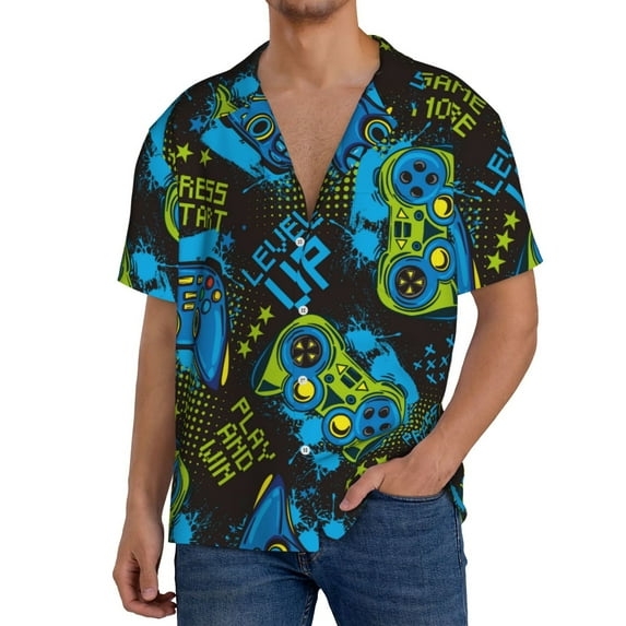 Rateoe Play Game Pattern Men's Short Sleeve Classic Shirt, Casual Short-Sleeved Shirt, Lightweight Summer Shirt, Cuban Collar Shirt,Button-Front Shirt-Small