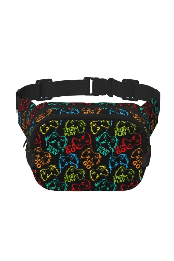 Play Game Start Print Fanny Pack Belt Bag for Women and Men, Square Double-Layer Waterproof Waist Pack with Adjustable Strap for Hiking, Jogging, Cycling