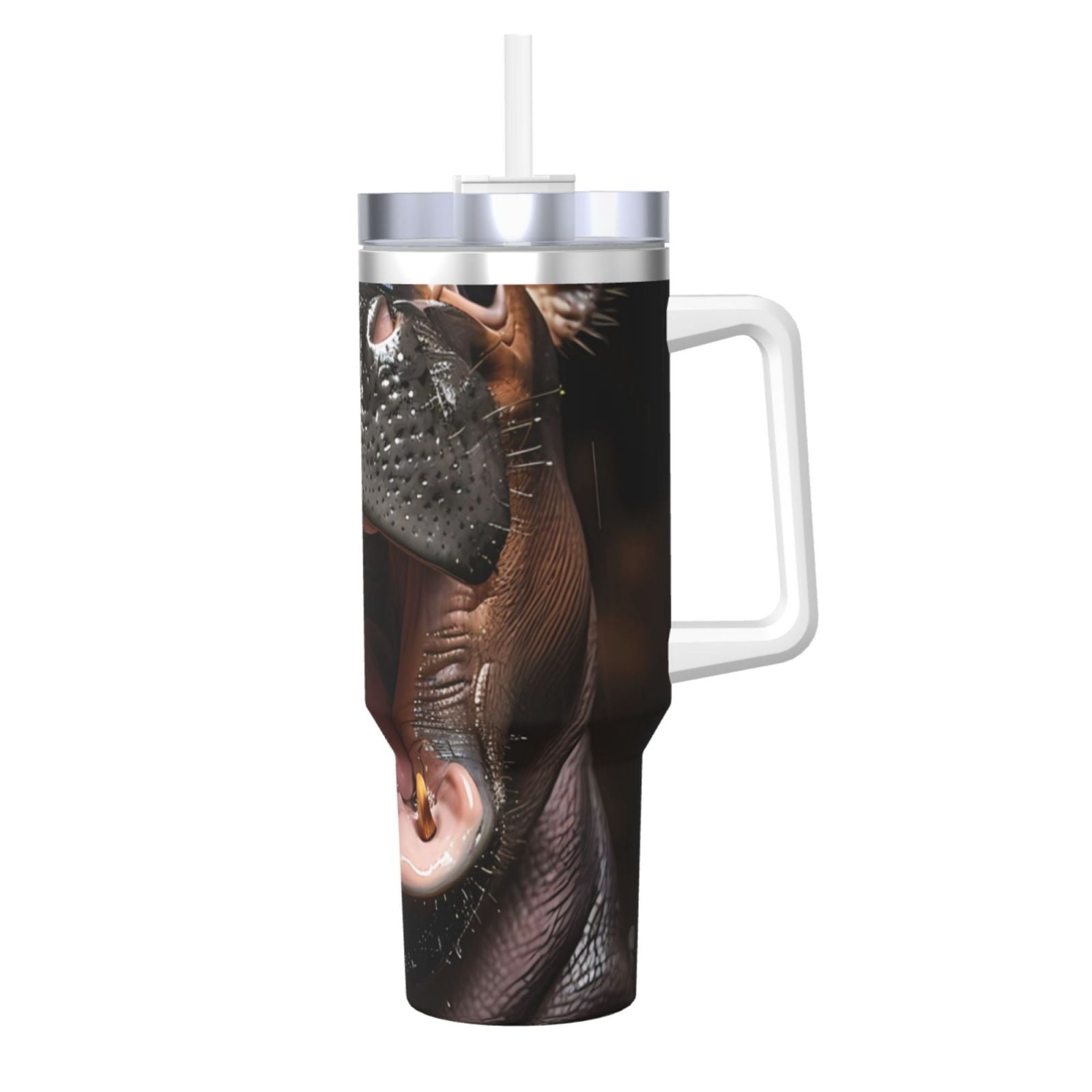 Rateoe Playful Baby Hippo Splash Printed 40OZ Ice Bully With Handle - Stainless Steel Travel Cup Portable for Hot & Cold Drinks, Travel, Gym, Home, and Outdoor Activities