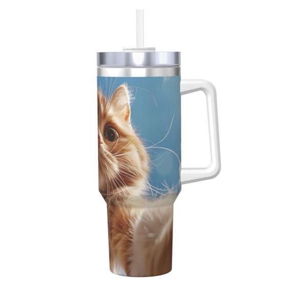 Rateoe Playful Cat Fisheye View Printed 40OZ Ice Bully With Handle - Stainless Steel Travel Cup Portable for Hot & Cold Drinks, Travel, Gym, Home, and Outdoor Activities