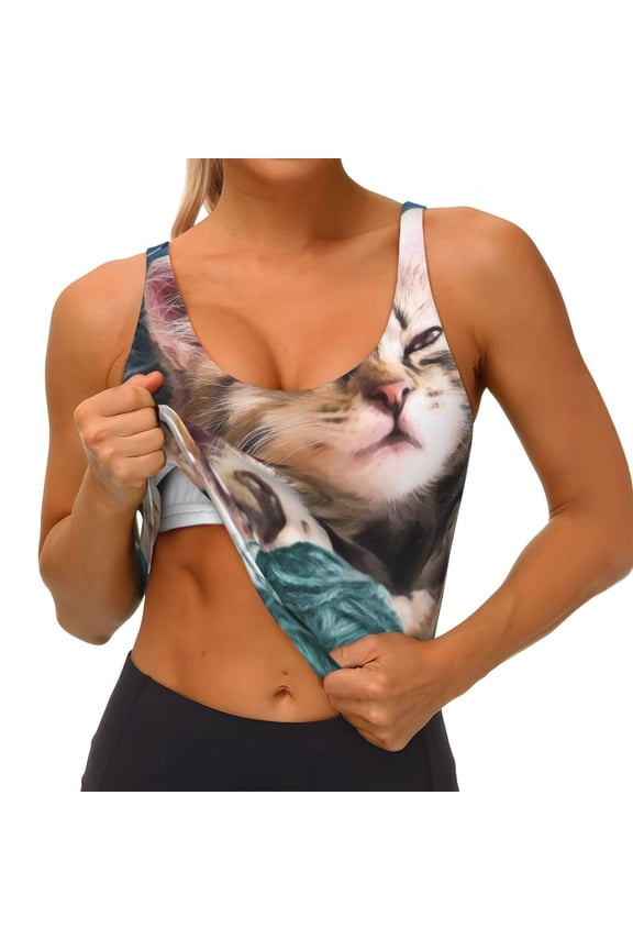 Playful Cat Print Womens' Sports Bras Scoop Neck Sports Vest- Padded U Back Seamless High Impact Support