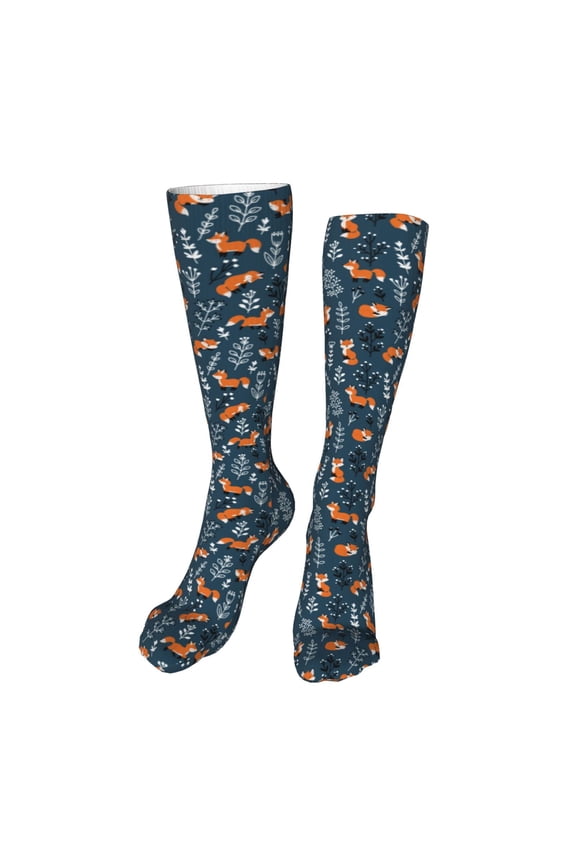 Playful Foxes Forest Blues print Women's Men's Novelty 20in Crew Socks Cotton Socks Knee High Socks for Walking,Running,Nurses,Pregnancy-One Size