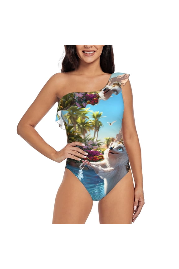 Playful Hedgehog Forest Pond Pattern Women One Piece Swimsuits Tummy Control One Shoulder Bathing Suits Ruffle Swimwear-Medium