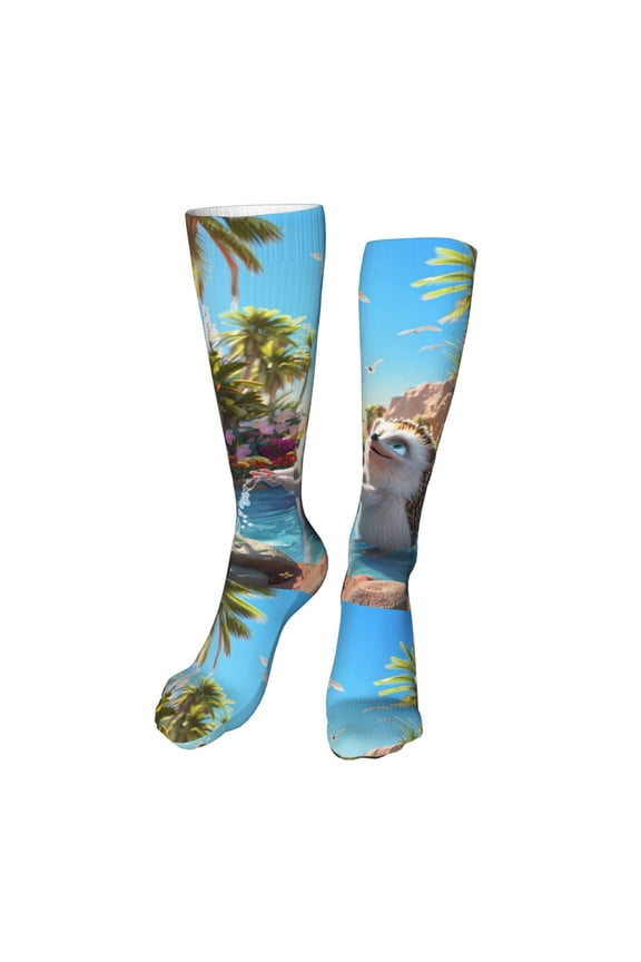 Playful Hedgehog Forest Pond print Women's Men's Novelty 20in Crew Socks Cotton Socks Knee High Socks for Walking,Running,Nurses,Pregnancy-One Size