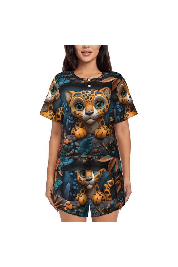 Playful Leopard Art Pattern Women's Short-Sleeved Pajama Set - 2 Piece Soft and Lightweight Sleepwear Set-Large