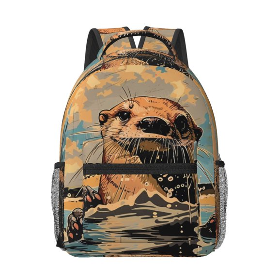 Rateoe Playful Otter Tropical Beach Pattern Durable Student Backpack Laptop Bag- Ergonomic Design, Waterproof Twill Fabric - Ideal for School, Travel, and Outdoor Activities-One Size