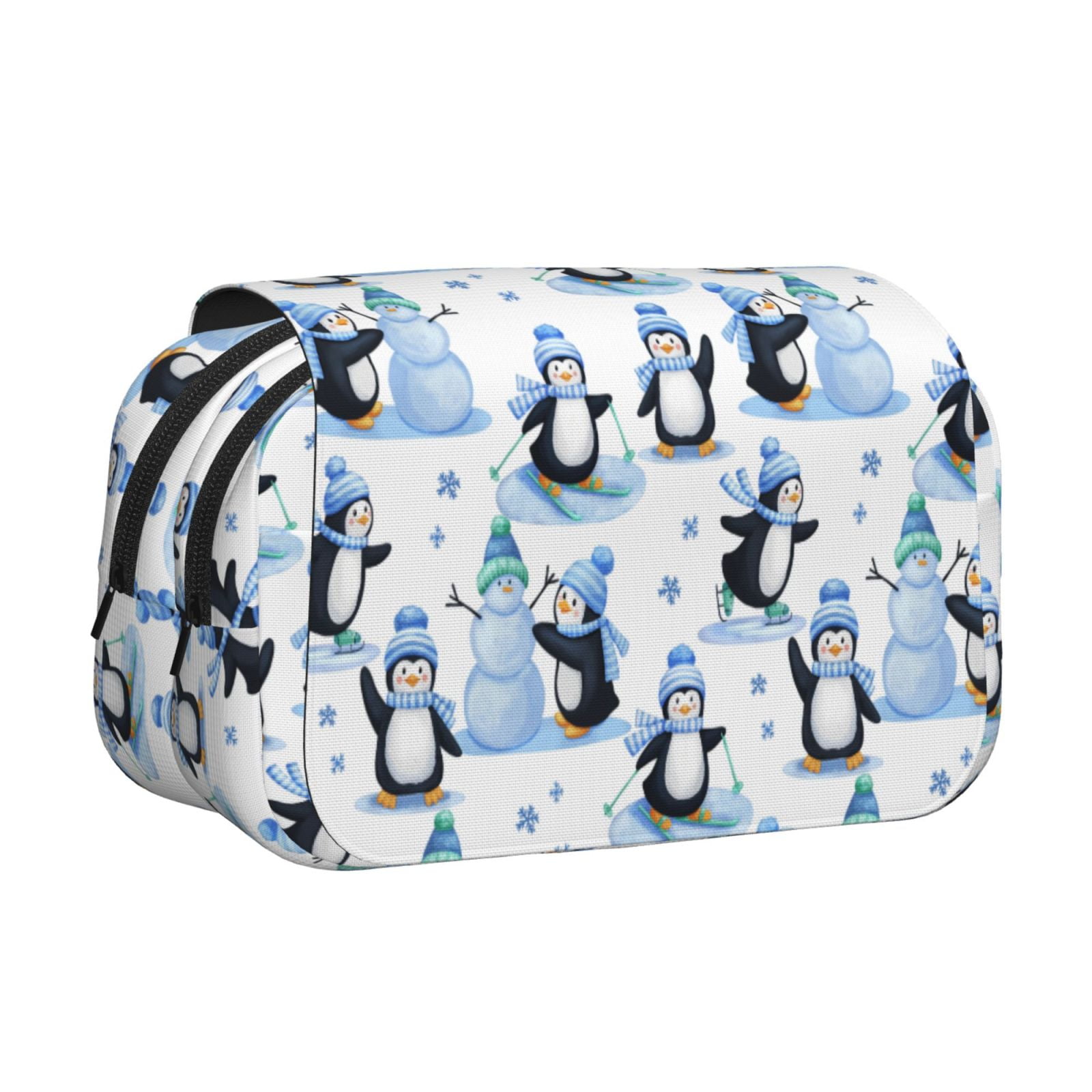Rateoe Playful Penguins and Snowmen Pattern Double Clamshell Pen Case, Storage Organizer with Two Zipper Compartments– Holds Up to 50 Pencils & Pens