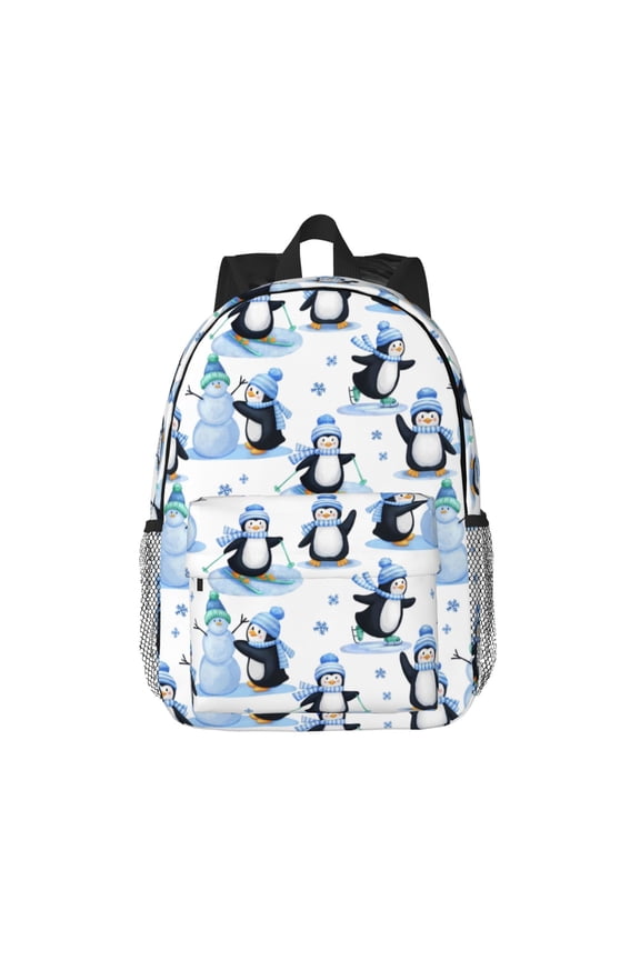Playful Penguins and Snowmen Pattern Student Backpack Water-resistant Backpack 15-inch Laptop Backpack Lightweight Adjustable School Backpack