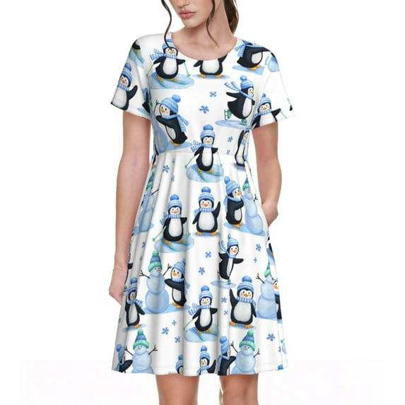 Rateoe Playful Penguins and Snowmen Pattern Women’s Short Sleeve Dress – Casual Elegant Summer A-Line Dress for Everyday Wear
