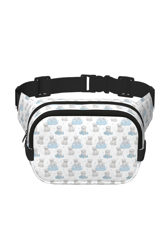 Playful Polar Bear Pals Print Fanny Pack Belt Bag for Women and Men, Square Double-Layer Waterproof Waist Pack with Adjustable Strap for Hiking, Jogging, Cycling