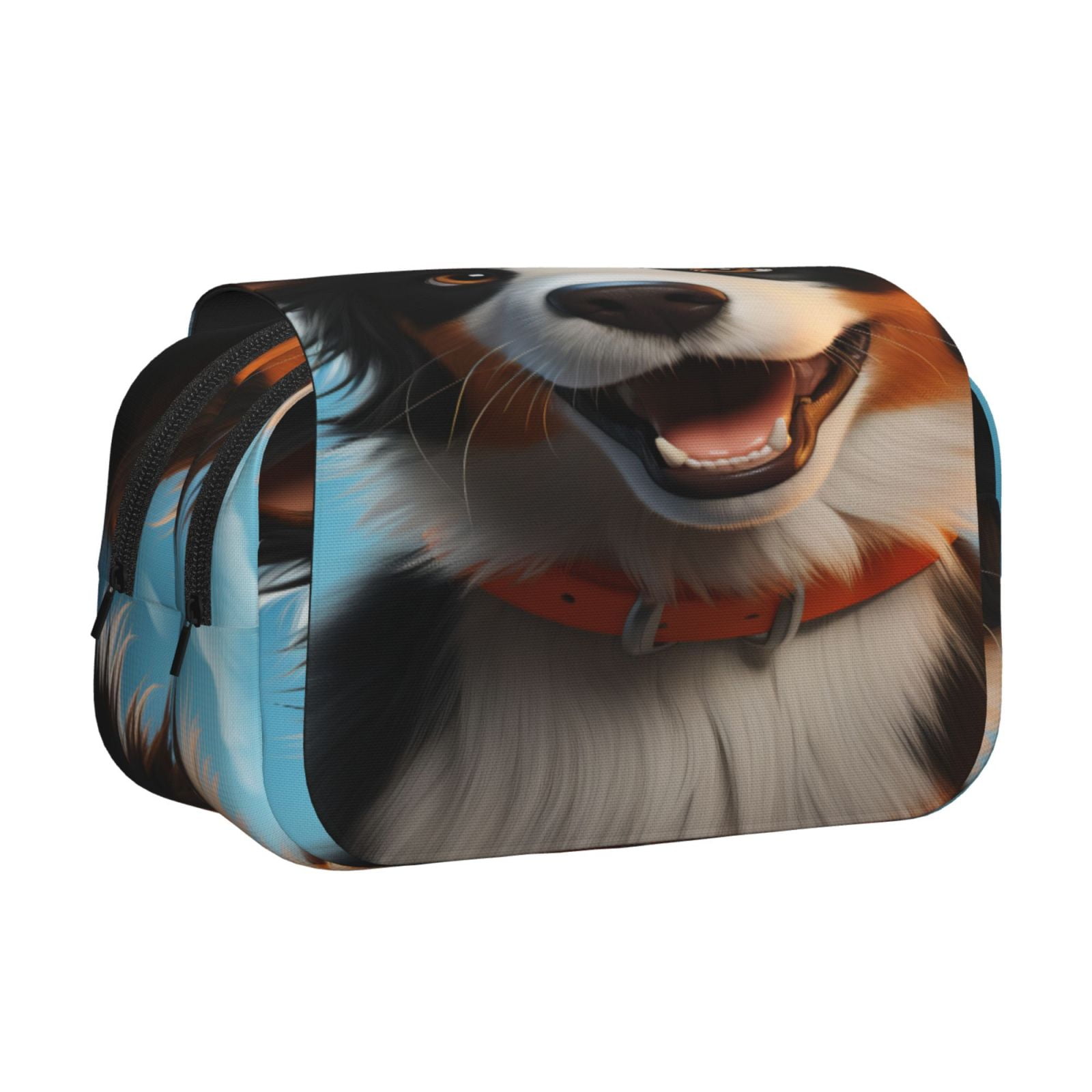Rateoe Playful Smile Cute Dog Pattern Double Clamshell Pen Case, Storage Organizer with Two Zipper Compartments– Holds Up to 50 Pencils & Pens