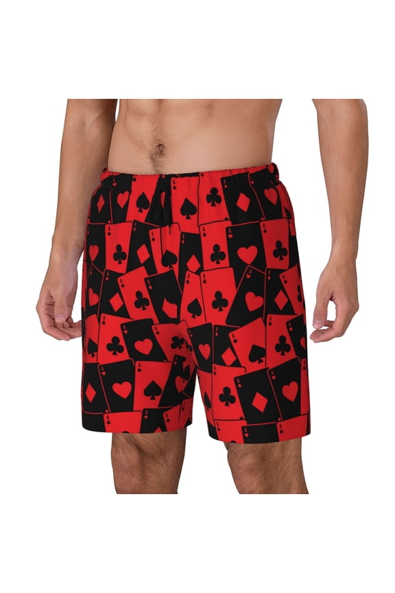 Playing Cards Pattern Men’s Swim Shorts with Compression Liner – Double-Layered Quick-Dry Swimwear, Comfortable & Stretchy Beach Shorts-Medium
