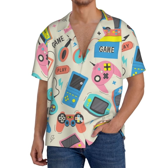 Rateoe Playing Video Games Pattern Men's Short Sleeve Classic Shirt, Casual Short-Sleeved Shirt, Lightweight Summer Shirt, Cuban Collar Shirt,Button-Front Shirt-X-Large