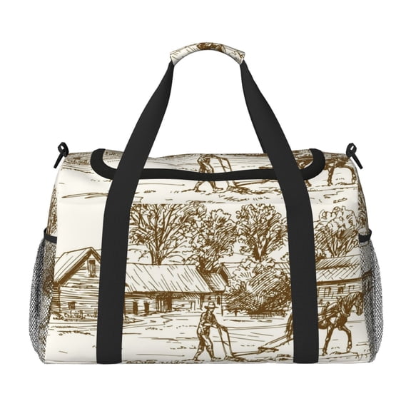 Rateoe Plowed Field With Horses Pattern Gym Bag for Women, Duffle Bag for Travel with Wet Pocket, Carry on Weekender Bags for Women, Water Resistant Travel Bag Duffel Bag