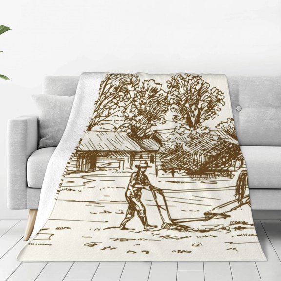 Rateoe Plowed Field With Horses Print Fuzzy Fleece Throw Blanket Extra Large,Super Soft,Fluffy and Warm Blankets for Couch,Bed,All Season Use (40"x30")