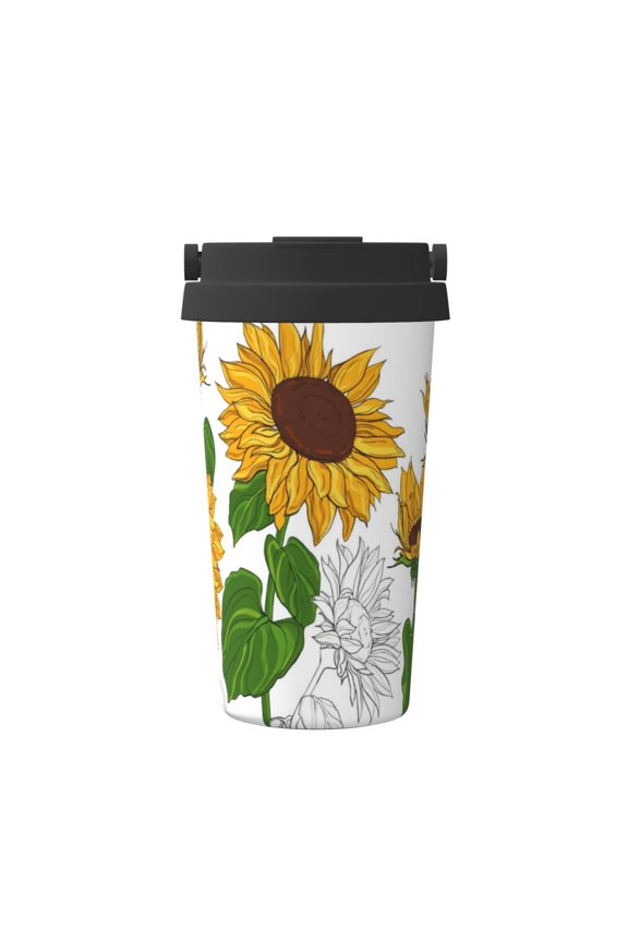 Plump Sunflower And Sketch Pattern Travel Coffee Mug Tumbler with Flip Lid | Reusable Insulated Stainless Steel Cold Brew Iced Coffee Cup Thermos
