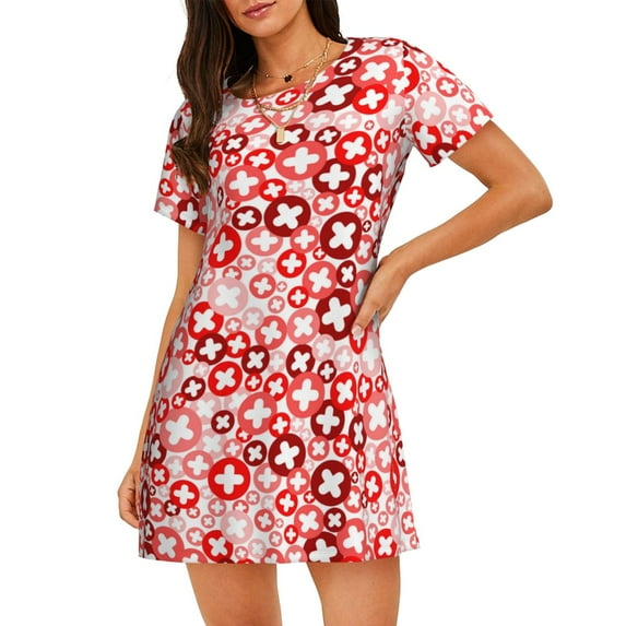 Rateoe Plus Cross Print Women’s Nightdress – Cozy Cotton Short-sleeved Sleep Shirt, Loose-Fit Sleepwear, Perfect for Relaxing and Sleeping