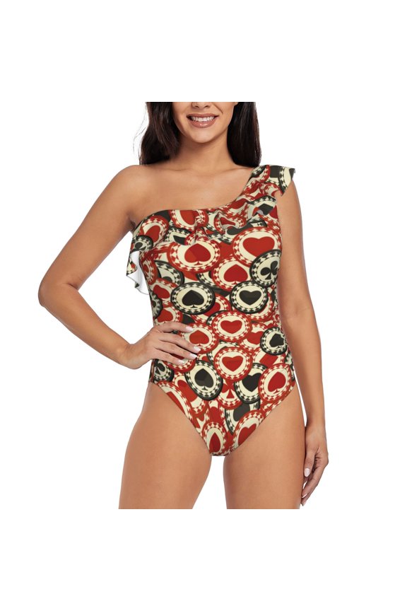Poker Chips Pattern Women One Piece Swimsuits Tummy Control One Shoulder Bathing Suits Ruffle Swimwear-XX-Large