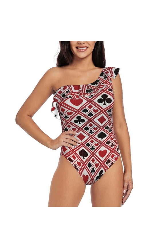Poker Pattern Women One Piece Swimsuits Tummy Control One Shoulder Bathing Suits Ruffle Swimwear-