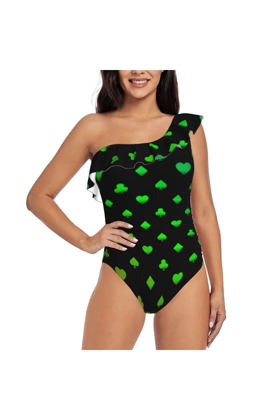 Poker Shapes Pattern Women One Piece Swimsuits Tummy Control One Shoulder Bathing Suits Ruffle Swimwear-