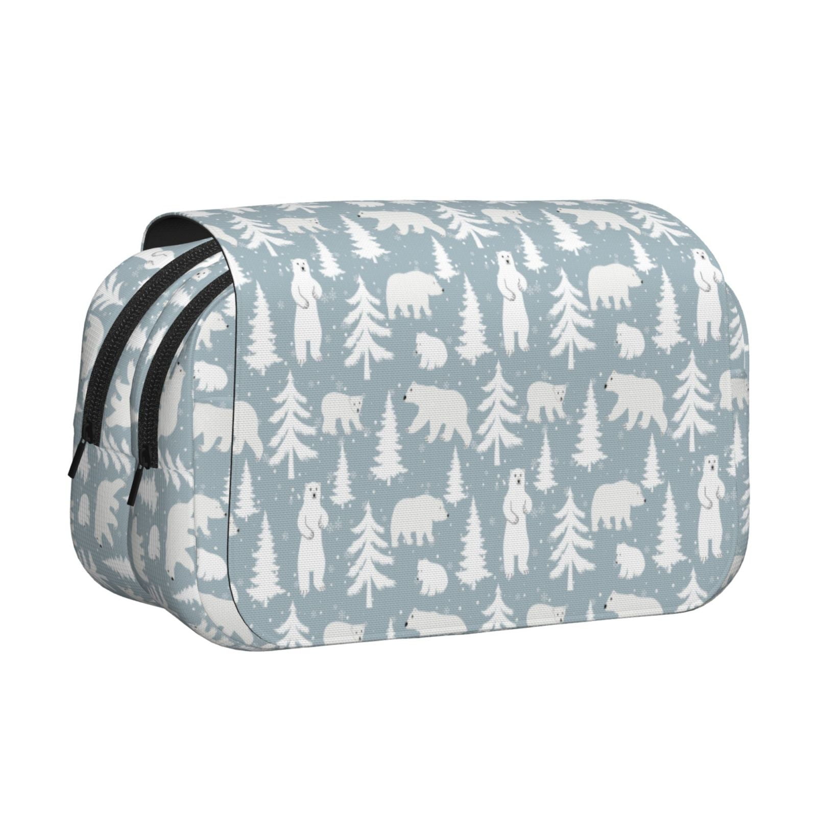Rateoe Polar Bears And Snowy Winter Pattern Double Clamshell Pen Case, Storage Organizer with Two Zipper Compartments– Holds Up to 50 Pencils & Pens