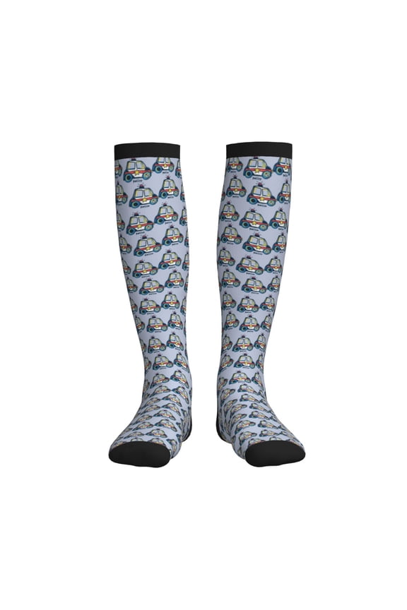 Police Car Compression Socks for Women and Men 20-30mmHg-Circulation Support Socks Knee High Nurse Pregnant Running Medical and Travel Athletic