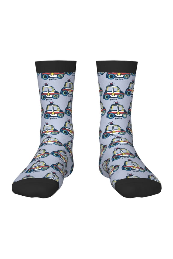 Police Car Pattern Children's Socks, Socks Gifts ,kids Crew Soft Cotton Socks , Moisture-Wicking, Durable, Ideal for Daily Wear & Sports