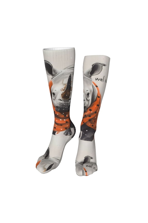 Polka Dot Rhino Welcome print Women's Men's Novelty 20in Crew Socks Cotton Socks Knee High Socks for Walking,Running,Nurses,Pregnancy-One Size
