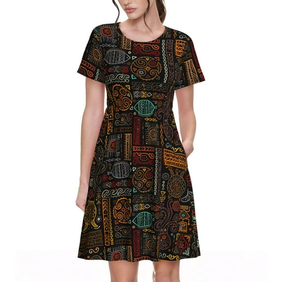 Rateoe Polynesian Turtles Pattern Women’s Short Sleeve Dress – Casual Elegant Summer A-Line Dress for Everyday Wear