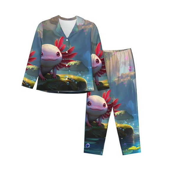 Rateoe Pond Cute Axolotl Pattern Womens Pajamas Set Long Sleeve Sleepwear Button Down Nightwear Soft Cotton Pj Lounge Sets