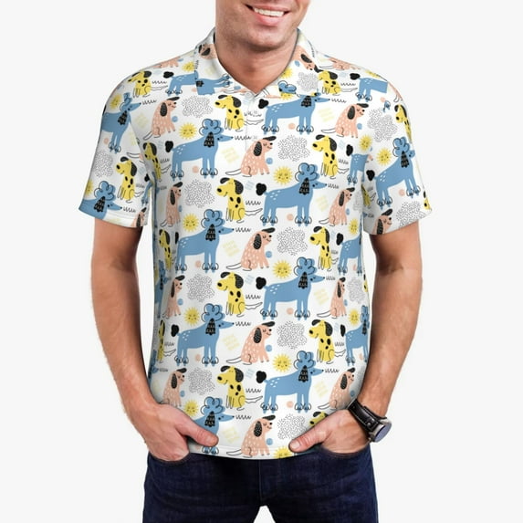 Rateoe Poodle Dog Pattern Men's Short Sleeve Polo Shirts, Golf Polo Shirts Short Sleeve Performance Moisture Wicking Dry-XX-Large