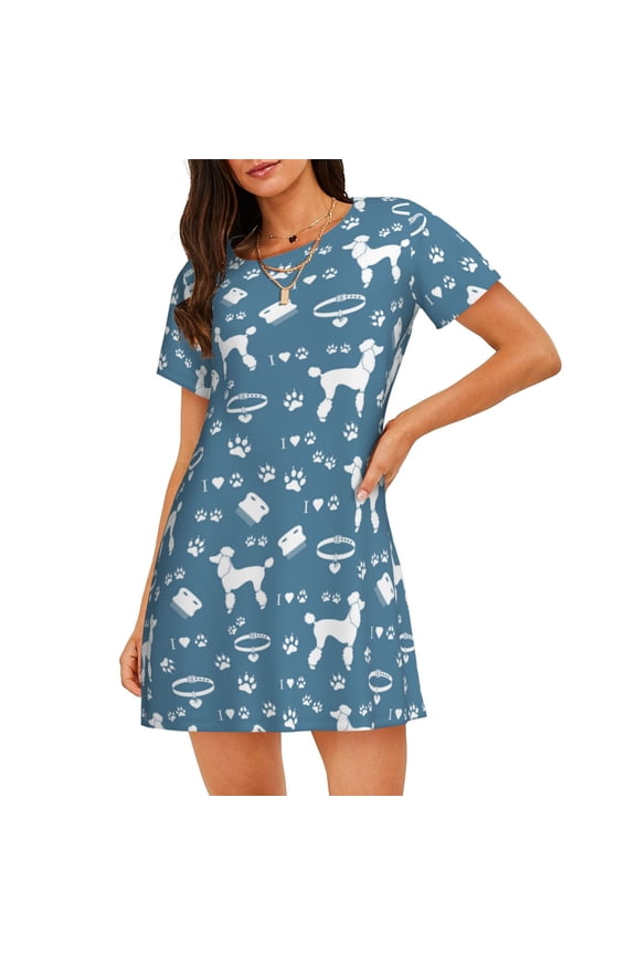 Poodle Dog Print Women’s Nightdress – Cozy Cotton Short-sleeved Sleep Shirt, Loose-Fit Sleepwear, Perfect for Relaxing and Sleeping