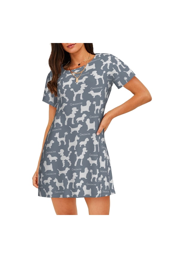 Poodle Dog Print Women’s Nightdress – Cozy Cotton Short-sleeved Sleep Shirt, Loose-Fit Sleepwear, Perfect for Relaxing and Sleeping