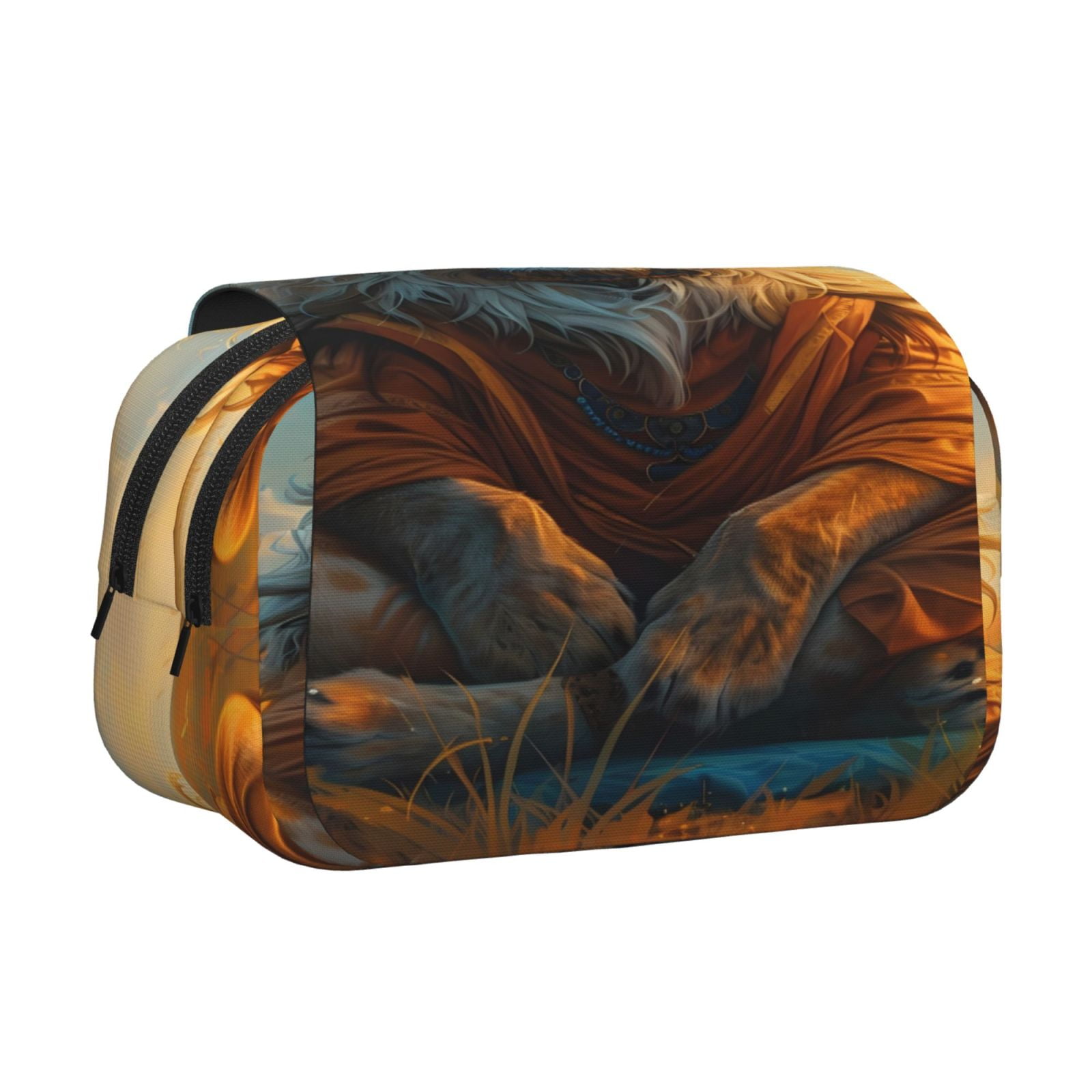 Rateoe Prairie Meditating Lion Pattern Double Clamshell Pen Case, Storage Organizer with Two Zipper Compartments– Holds Up to 50 Pencils & Pens