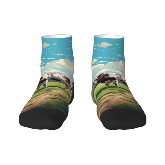 Rateoe Prairie Pasture Cow Pattern Quarter Crew Socks,Toe Seamed Ankle Socks,Cotton Cushioned Breathable Athletic Crew Sports Socks