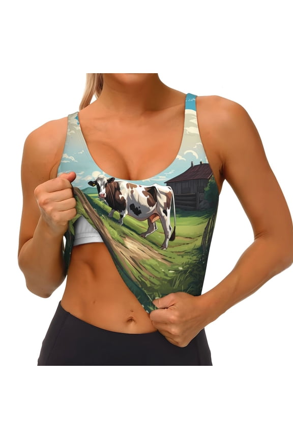 Prairie Pasture Cow Print Womens' Sports Bras Scoop Neck Sports Vest- Padded U Back Seamless High Impact Support