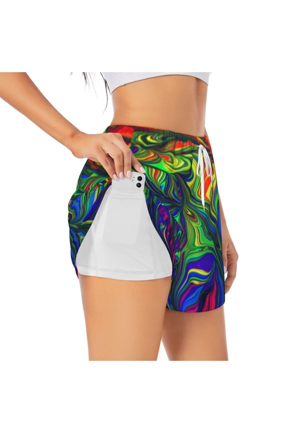 Pride Rainbow Printed 2 in 1 Women's Workout Shorts for Athletic Gym Running Shorts with Phone Pockets-XX-Large