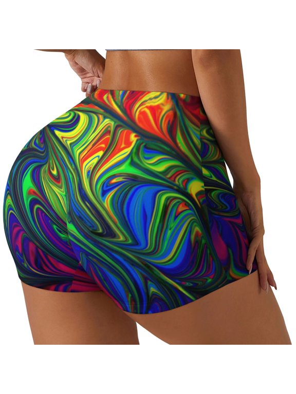 Pride Rainbow Printed Power Workout Shorts for Women Tummy Control Squat Proof Ribbed Thick Seamless Scrunch Active Short-Small