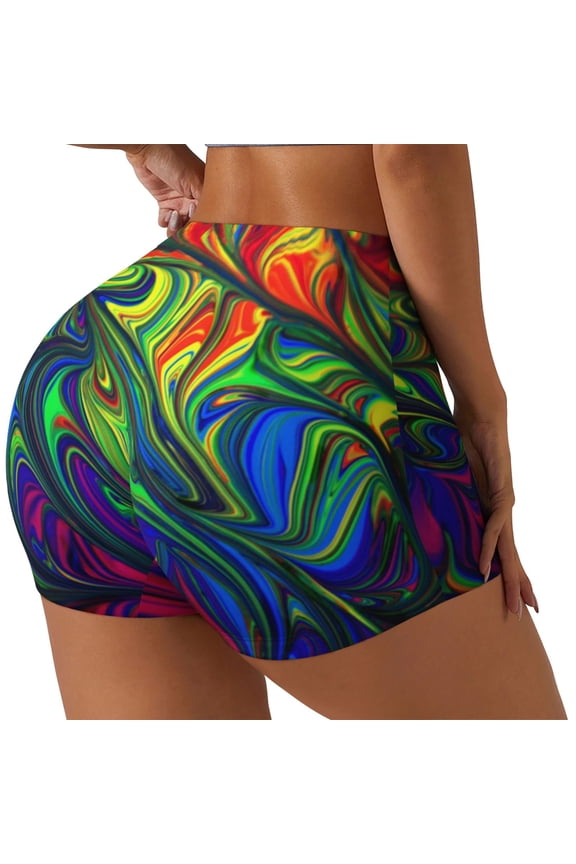 Pride Rainbow Printed Power Workout Shorts for Women Tummy Control Squat Proof Ribbed Thick Seamless Scrunch Active Short-Small