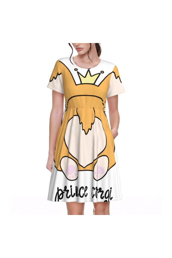 Prince Corgi Dog Pattern Women’s Short Sleeve Dress – Casual Elegant Summer A-Line Dress for Everyday Wear