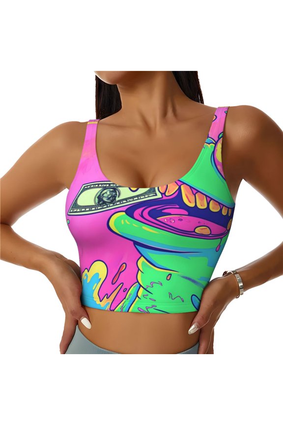 Psychedelic Cartoon Frog Print Womens' Sports Bras Scoop Neck Sports Vest- Padded U Back Seamless High Impact Support-Small