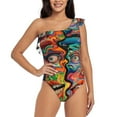 thumbnail image 1 of Rateoe Psychedelic Faces Colorful Pattern Women One Piece Swimsuits Tummy Control One Shoulder Bathing Suits Ruffle Swimwear-Medium, 1 of 6