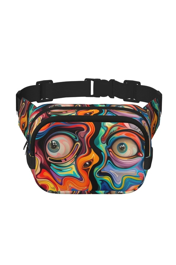 Psychedelic Faces Colorful Print Fanny Pack Belt Bag for Women and Men, Square Double-Layer Waterproof Waist Pack with Adjustable Strap for Hiking, Jogging, Cycling