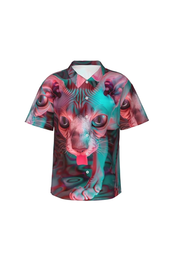 Psychedelic Hairless Cat Pattern Men’s Hawaiian Shirt – Short Sleeve Button-Down Tropical Beach Shirt, Lightweight & Breathable Casual Aloha Shirt with Pocket,XX-Large