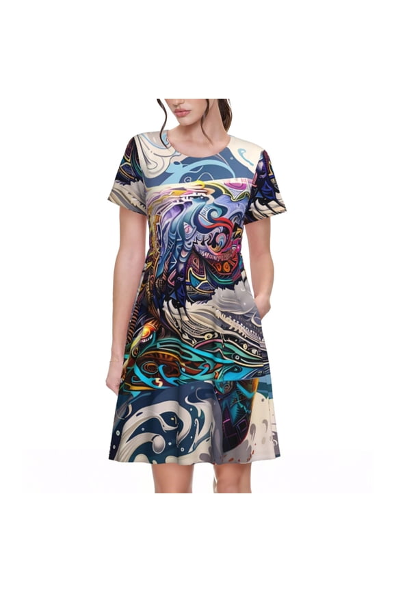 Psychedelic Shark Artwork Pattern Women’s Short Sleeve Dress – Casual Elegant Summer A-Line Dress for Everyday Wear